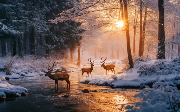 A stunning winter landscape featuring a majestic red deer, beautifully capturing the essence of nature. This HD image makes a striking desktop wallpaper or background.