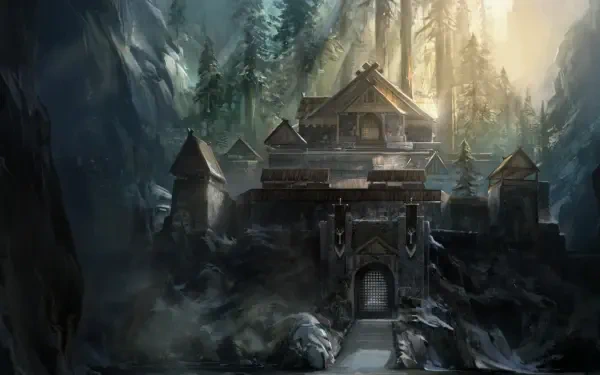 HD desktop wallpaper from Game of Thrones - A Telltale Games Series, featuring an eerie, majestic castle surrounded by towering trees and dramatic lighting.