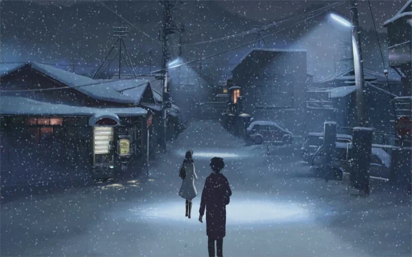 HD anime desktop wallpaper from 5 Centimeters per Second featuring Akari Shinohara and Takaki Touno walking through a snowy, dimly lit street at night.