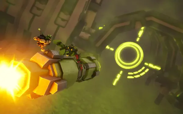 A vibrant HD desktop wallpaper featuring characters from the video game Akimbot riding a missile, set against a futuristic backdrop with glowing accents.