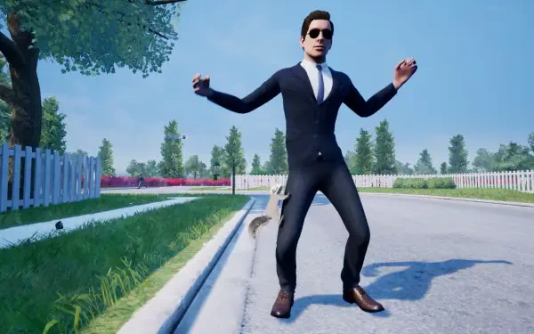 A stylized image featuring a character in a suit and sunglasses dancing on a street, alongside a squirrel with a gun, representing the game Squirrel with a Gun. HD desktop wallpaper.