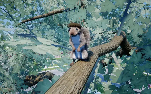 A whimsical HD desktop wallpaper featuring a squirrel with a gun, perched on a tree branch surrounded by lush green foliage, embodying the playful spirit of the video game Squirrel with a Gun.