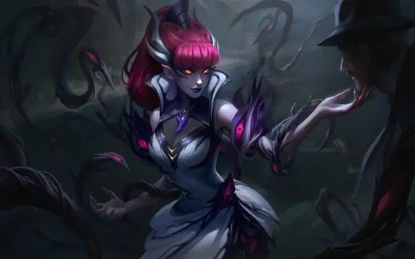 A striking 8K Ultra HD wallpaper featuring Zyra from League of Legends, showcasing her enchanting yet ominous presence amidst dark, twisted vines.