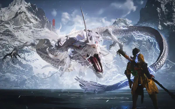 HD PC desktop wallpaper featuring an epic battle scene from Black Myth: Wukong with a warrior confronting a massive dragon in a snowy mountainous landscape.