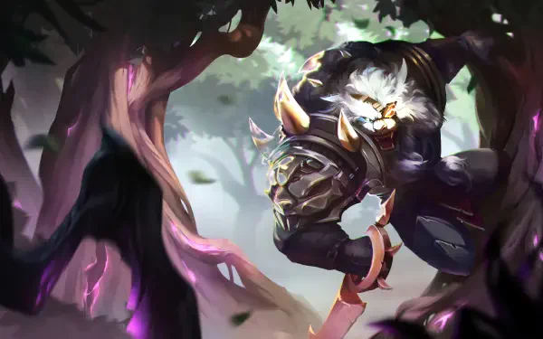 A dynamic 4K Ultra HD wallpaper featuring Rengar from League of Legends, showcasing his fierce character amidst a vibrant, forested backdrop.