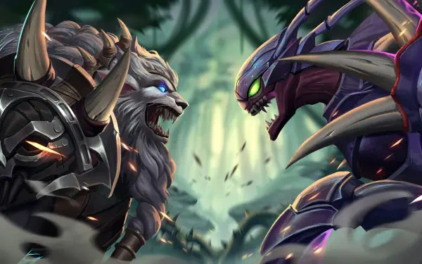 A vibrant 4K Ultra HD wallpaper featuring Rengar and Kha'Zix from League of Legends, showcasing intense action and vivid colors in a dynamic gaming environment.