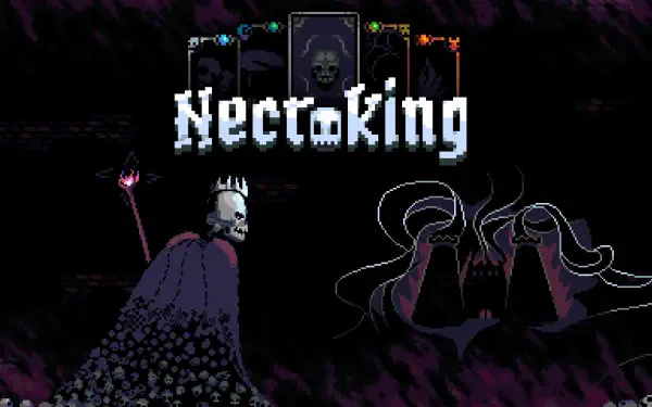 HD desktop wallpaper featuring the video game Necroking, showcasing a skeletal figure with a crown and dark, mystical elements in a dramatic, atmospheric setting.