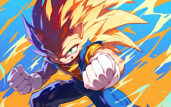 A vibrant HD desktop wallpaper featuring Sonic the Hedgehog in Super Sonic form, inspired by the Super Saiyan transformation from Dragon Ball, showcasing dynamic energy and action.