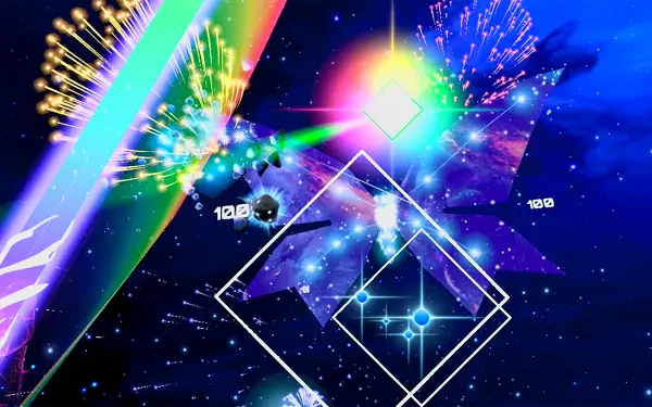 A vibrant HD PC wallpaper featuring dynamic space visuals inspired by the video game Starwave, showcasing colorful light effects and abstract geometric shapes against a cosmic backdrop.