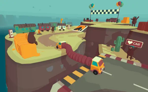 A vibrant HD desktop wallpaper featuring imagery from the video game WHAT THE CAR?, highlighting its whimsical and offbeat aesthetic.