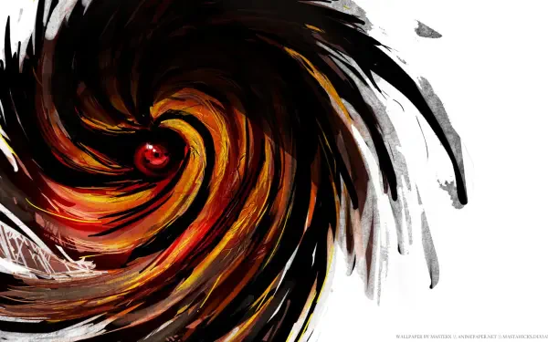 A dynamic HD wallpaper featuring Obito Uchiha from Naruto, showcasing the iconic Mangekyō Sharingan with a swirling, fiery background.