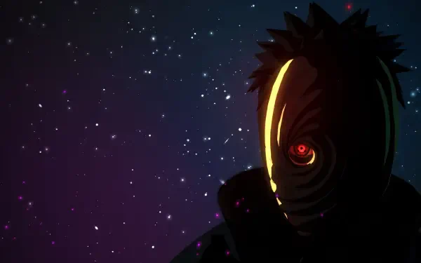 Anime-inspired HD desktop wallpaper featuring Obito Uchiha, showcasing his Sharingan and elements of the Akatsuki from Naruto. A vibrant design for fans of the series.