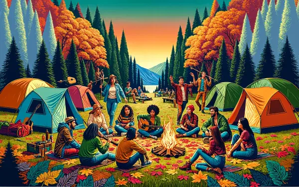 A vibrant camping scene featuring a diverse group of people gathered around a campfire, surrounded by colorful tents and autumn trees, set against a stunning landscape. 4K Ultra HD wallpaper.