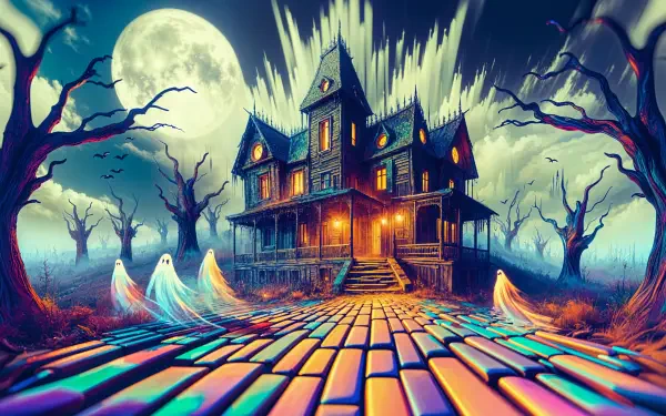 A haunted house surrounded by eerie trees and a glowing full moon, with ghostly figures drifting along a colorful cobblestone path. 4K Ultra HD wallpaper for a spooky ambiance.