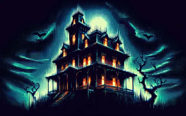 A striking haunted house under a full moon, surrounded by eerie clouds and bats, showcased in vivid 4K Ultra HD for an atmospheric desktop wallpaper and background.