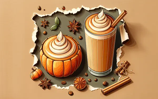 A cozy illustration of a pumpkin spice latte and a pumpkin dessert, surrounded by spices and coffee beans, set against a warm backdrop. This vibrant 4K Ultra HD wallpaper adds autumn charm.