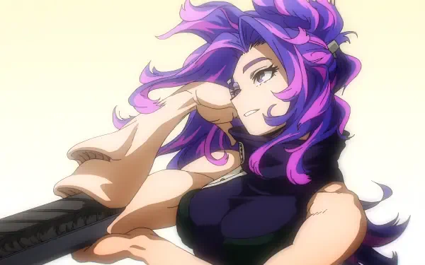 Anime-style 4K Ultra HD desktop wallpaper of Lady Nagant from My Hero Academia (Boku No Hero Academia) with vibrant purple hair and a confident pose.