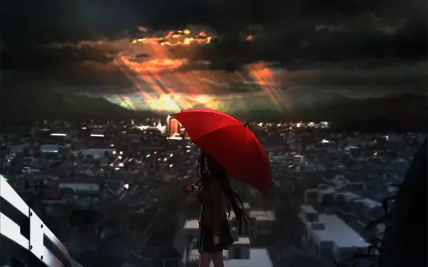 Aoko Aozaki stands with a red umbrella against a dramatic skyline, with sunlight piercing through dark clouds. This HD wallpaper captures the essence of Mahōtsukai no Yoru.