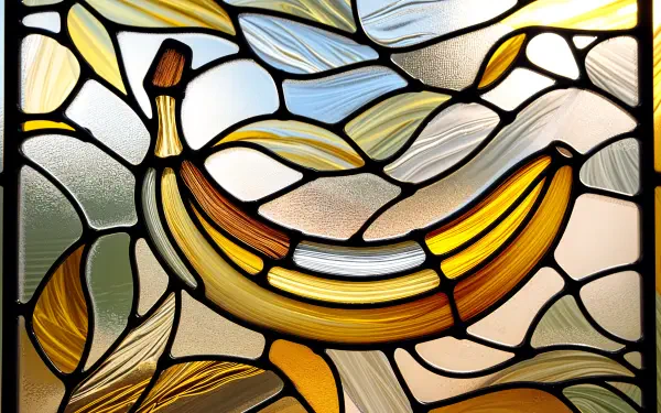 A vibrant stained glass depiction of a banana surrounded by leaves, presented as a 4K Ultra HD PC desktop wallpaper and background.