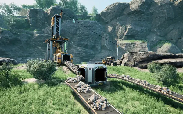 A stunning HD wallpaper from the video game Satisfactory, showcasing a mining setup with conveyors, machinery, and lush green landscapes amidst rocky terrain.