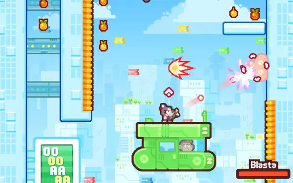 Colorful HD wallpaper featuring action from the video game Grapple Dogs: Cosmic Canines, showcasing dynamic gameplay with characters navigating through a vibrant, pixelated world filled with challenges.