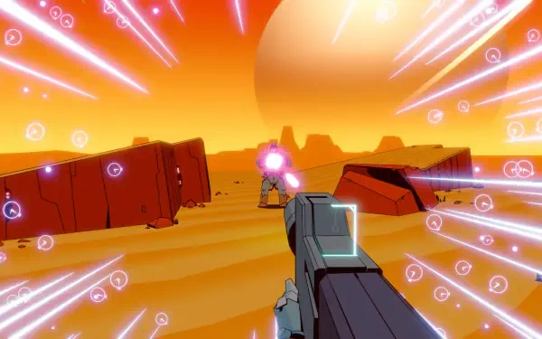 A vibrant HD wallpaper from the video game Wild Bastards, featuring a gun aiming at a distant target amidst a striking orange landscape and dynamic laser beams.