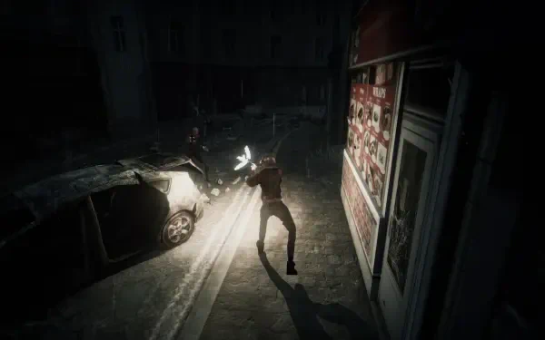 A character battles a shadowy figure in a dark, urban setting, illuminated by light from a nearby building. This HD wallpaper embodies the atmosphere of the video game Hollowbody.