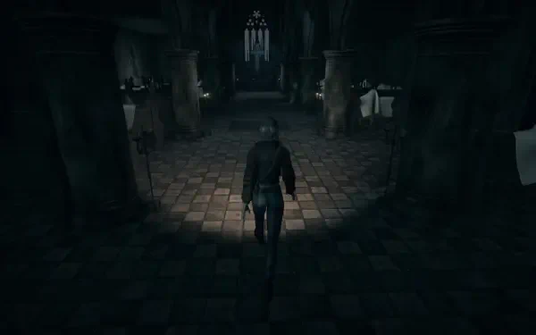 A dark, atmospheric scene from the video game Hollowbody, featuring a character exploring a dimly lit corridor with gothic architecture, suitable as a high-definition PC desktop wallpaper.