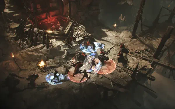 An intense scene from the video game Jotunnslayer: Hordes of Hel, featuring characters battling in a dark, atmospheric environment with striking visual effects. HD PC desktop wallpaper.