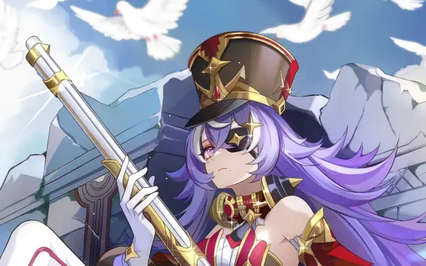 A detailed HD wallpaper featuring Chevreuse from Genshin Impact, showcasing her in a striking outfit with a rifle, set against a backdrop of doves and mountains.