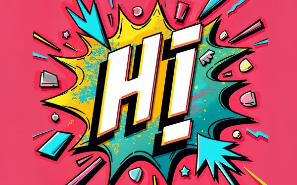 Colorful 4K Ultra HD desktop wallpaper featuring a vibrant comic-style graphic with the word Hi in bold letters against a dynamic backdrop of explosive colors and shapes.