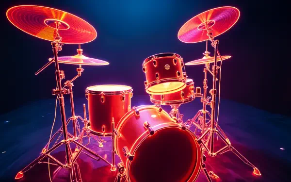 A vibrant drum set with glowing neon highlights, set against a dark backdrop, showcased as a stunning 4K Ultra HD PC desktop wallpaper and background.