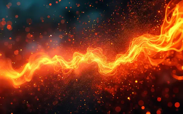 A vibrant 4K Ultra HD PC desktop wallpaper featuring a dynamic wave of fiery orange light amidst a backdrop of shimmering particles and deep blues.
