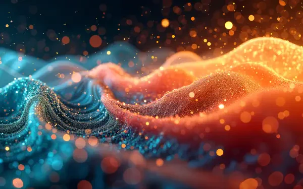 Colorful waves of light and texture blend in this 4K Ultra HD PC desktop wallpaper, featuring blue and orange hues with sparkling particles against a dark backdrop.