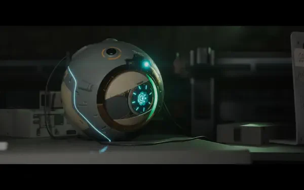 A sleek, futuristic robotic sphere sits on a table, illuminated by blue and green lights, in a dark, high-tech environment inspired by the video game EVOTINCTION.