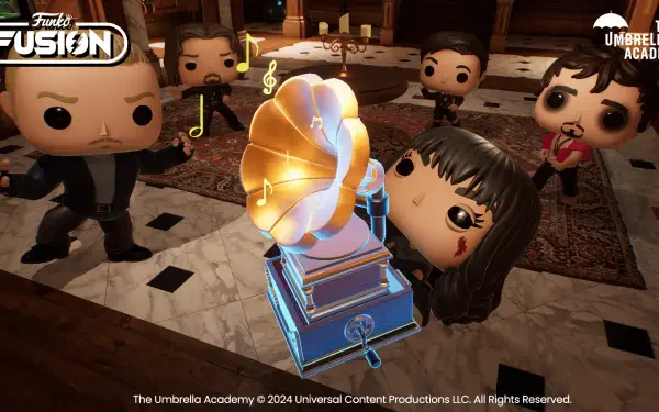HD wallpaper featuring Funko Fusion characters from a video game, showcasing a scene with a gramophone and stylized figures in a dramatic setting.
