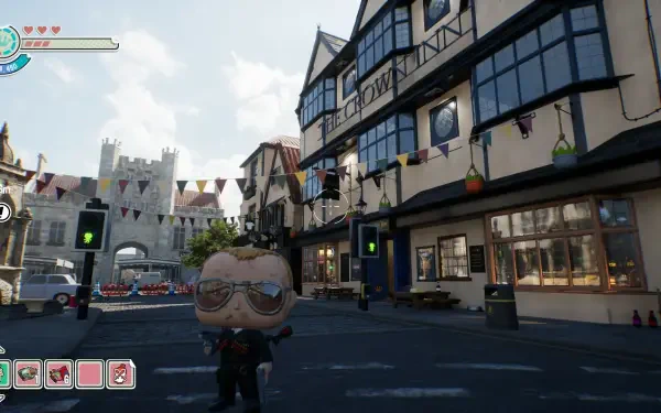 HD PC desktop wallpaper featuring a Funko Fusion video game scene with a stylized character in a medieval town setting under a cloudy sky.