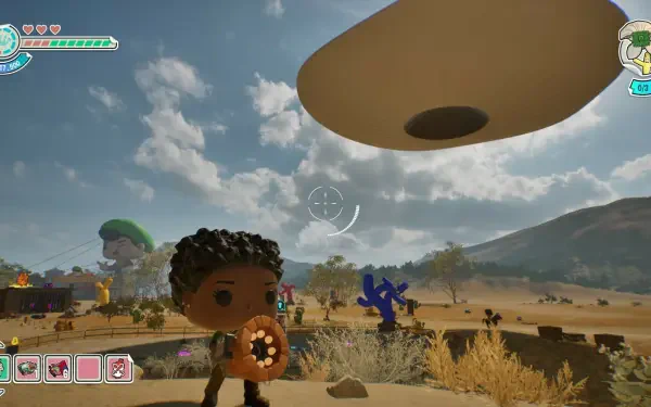 A vibrant HD wallpaper from the video game Funko Fusion, showcasing a whimsical character holding a donut under a dramatic sky with a UFO in the distance.