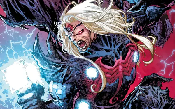 Knull, the Marvel Comics villain, dominates this striking 4K Ultra HD wallpaper, showcasing his fierce expression and dark, dynamic energy with dramatic colors.