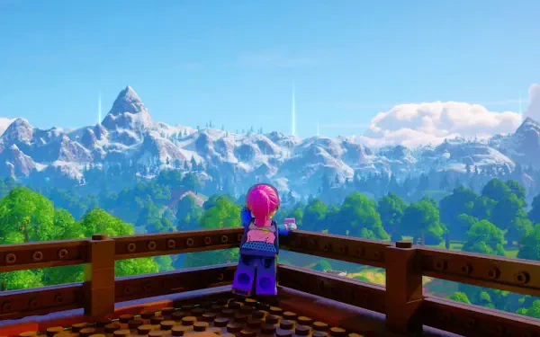 HD PC desktop wallpaper featuring a LEGO Fortnite character overlooking a lush forest with snowy mountains and a bright blue sky in the background.