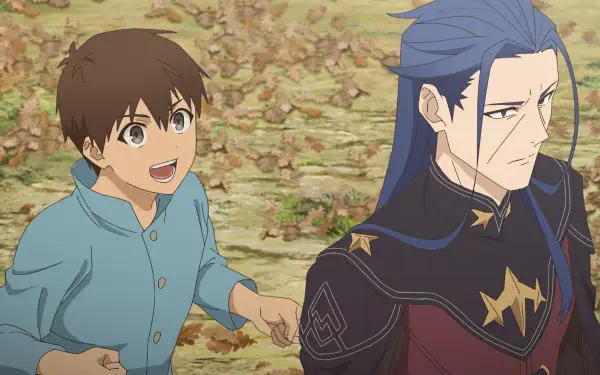 A vibrant anime scene featuring a cheerful boy in a light blue shirt interacting with a serious-looking man in ornate armor. This HD wallpaper captures their contrasting emotions beautifully.