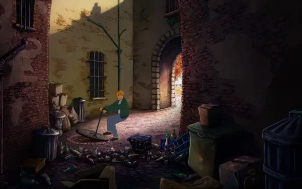 A scene from Broken Sword - Shadow of the Templars: Reforged, showcasing a character exploring a gritty alleyway littered with debris, creating an engaging ambiance for a desktop wallpaper.