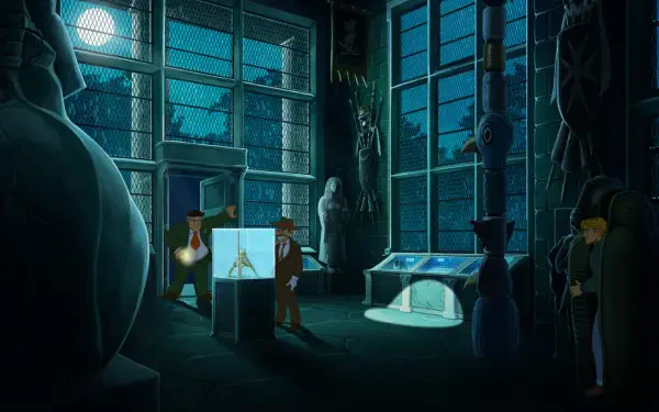 A scene from the video game *Broken Sword - Shadow of the Templars: Reforged*, depicting characters exploring a dimly lit museum filled with intriguing artifacts and shadows.