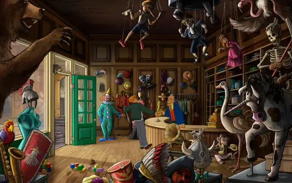 A vibrant HD wallpaper from Broken Sword - Shadow of the Templars: Reforged, featuring an eclectic room filled with whimsical props, toys, and characters.