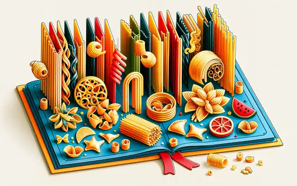 A vibrant 4K Ultra HD wallpaper featuring an artistic display of various pasta shapes arranged like a colorful book, evoking a playful and creative culinary theme.