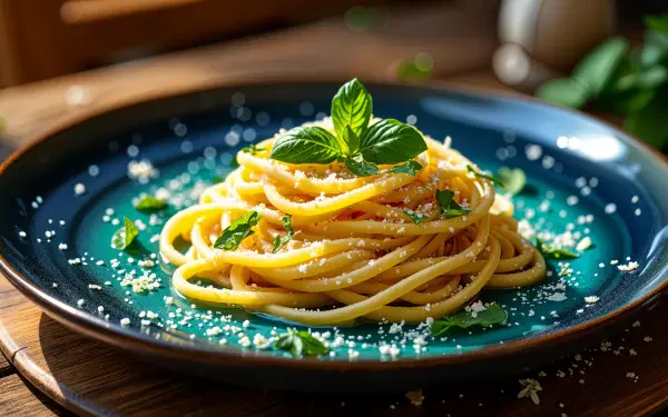 A vibrant plate of pasta garnished with fresh herbs and sprinkled with cheese, captured in stunning detail for a 4K Ultra HD desktop wallpaper.