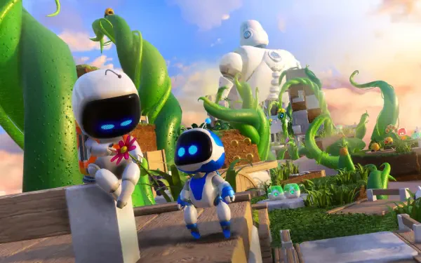 HD PC desktop wallpaper featuring characters from the video game Astro Bot Rescue Mission in a vibrant, colorful garden setting with lush greenery and a bright sky.