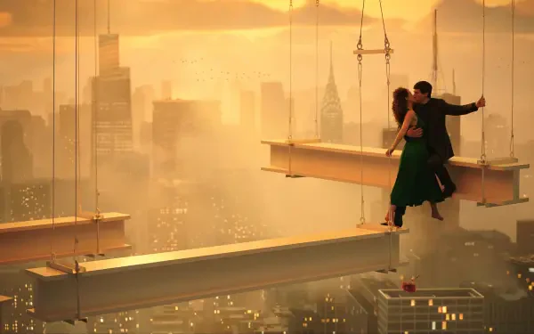 A stunning HD wallpaper from the movie Megalopolis (2024), featuring a dramatic sunset backdrop with a couple perched on a construction beam high above a cityscape.