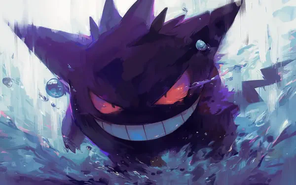 A vibrant 4K Ultra HD wallpaper featuring Gengar, the ghost-type Pokémon, emerging playfully from water with a mischievous grin and dynamic colors.