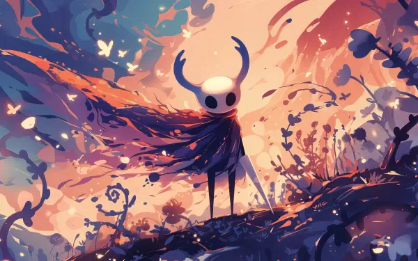 A stunning 4K Ultra HD wallpaper featuring the main character from the video game Hollow Knight, surrounded by vibrant colors and whimsical nature elements.